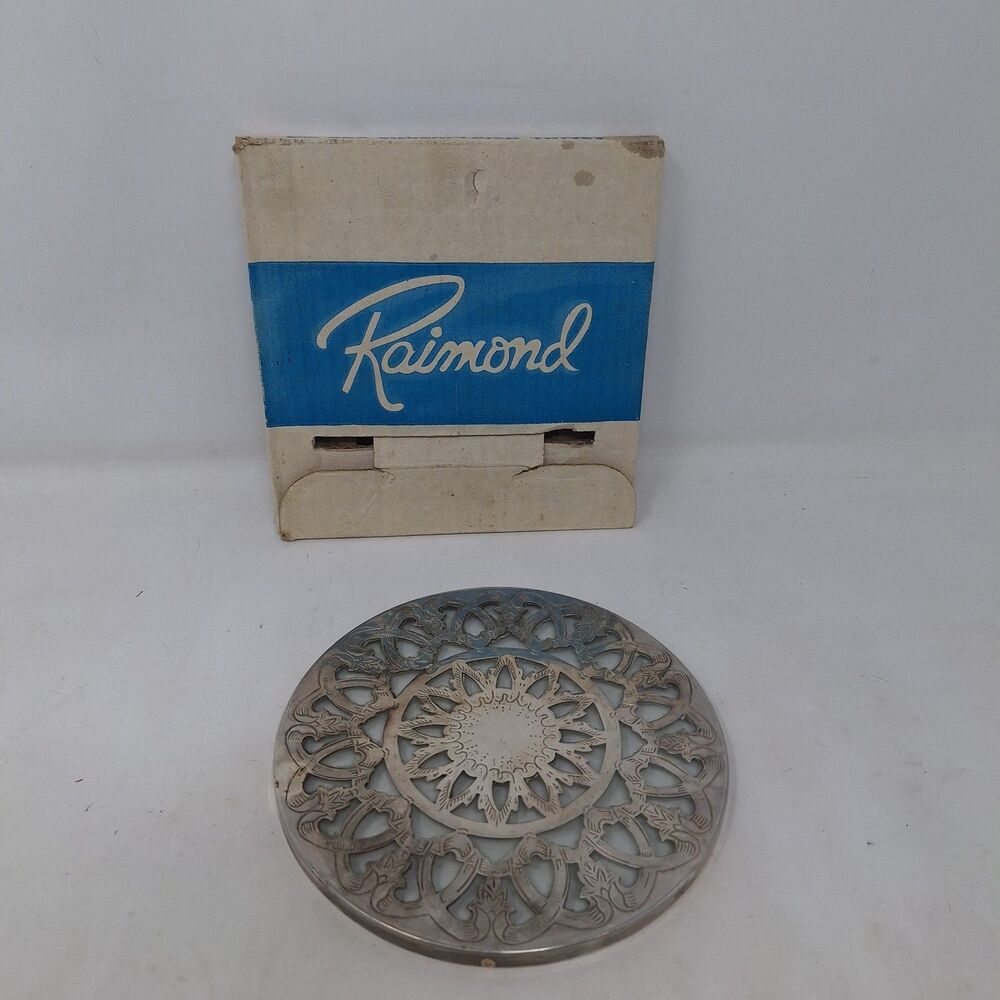 Vintage Raimond Silver Plate On Glass Trivet 6 Inch Coaster Kitchen Accessories